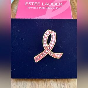 Estee Lauder Breast Cancer Awareness Pink Ribbon Pin with pink rhinestones w box